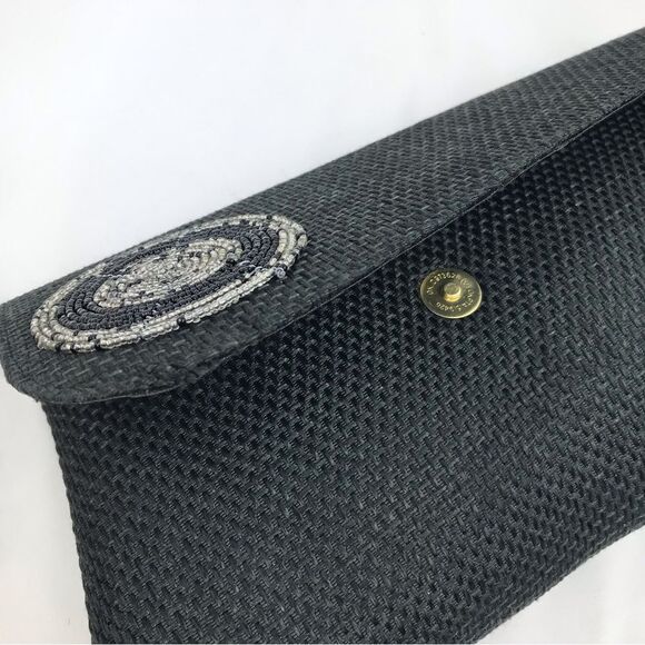 Boutique Black Burlap and Bead Medallion Summer Envelope Clutch Bag - Picture 7 of 13